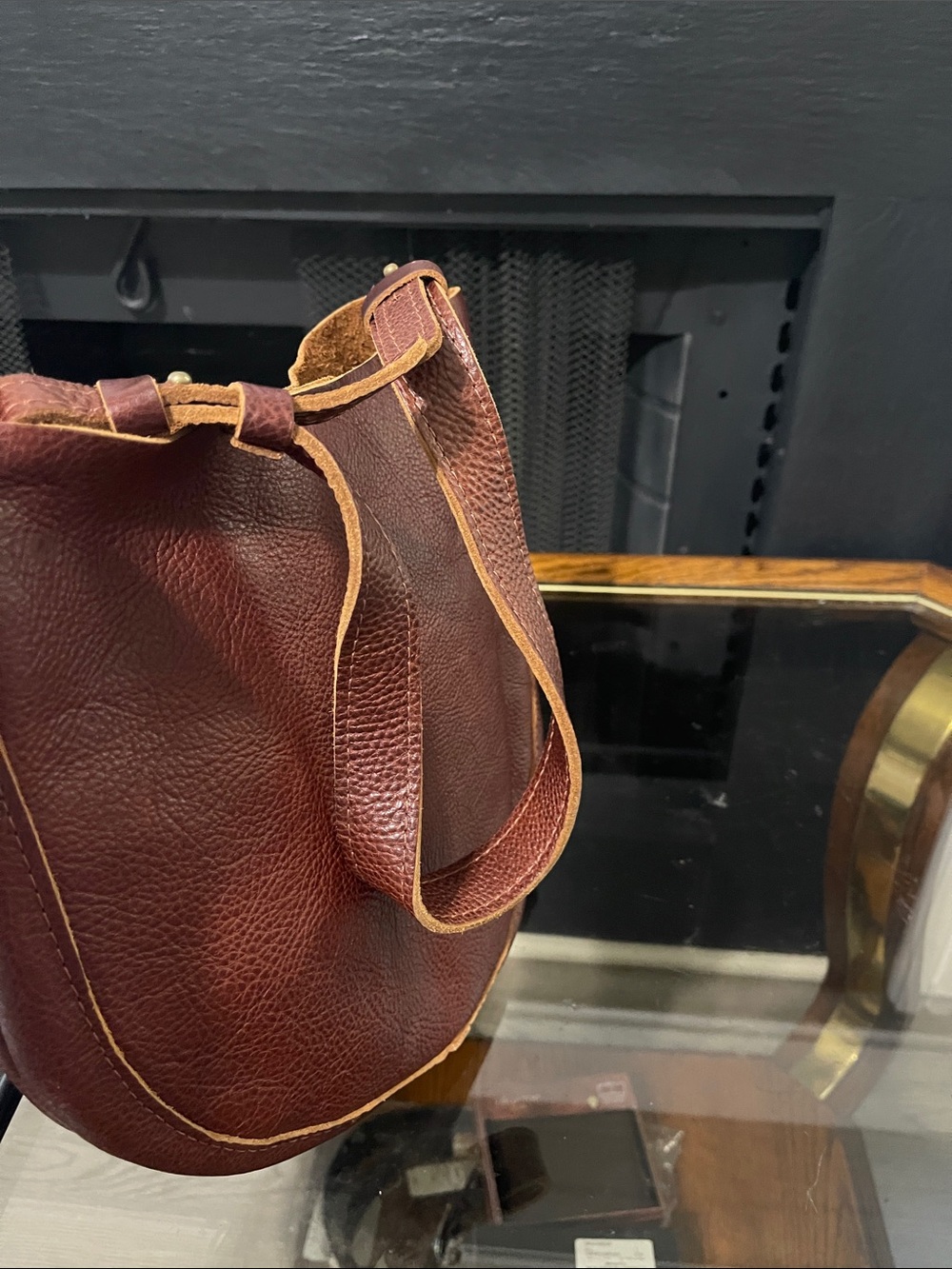 Portland Leather Burgundy Leather Messenger Bag with Tan Piping - Picture 7 of 10